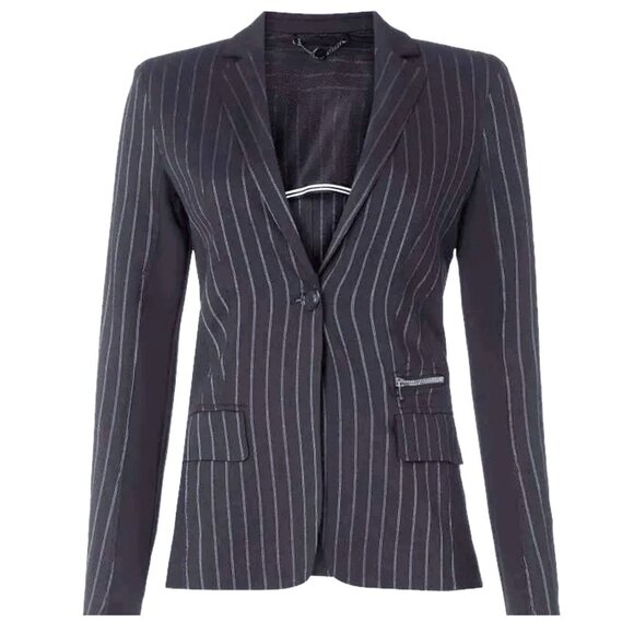 Marc Cain Linen Blend Striped Blazer Lightweight Jacket Navy Black Stretch - Picture 2 of 11